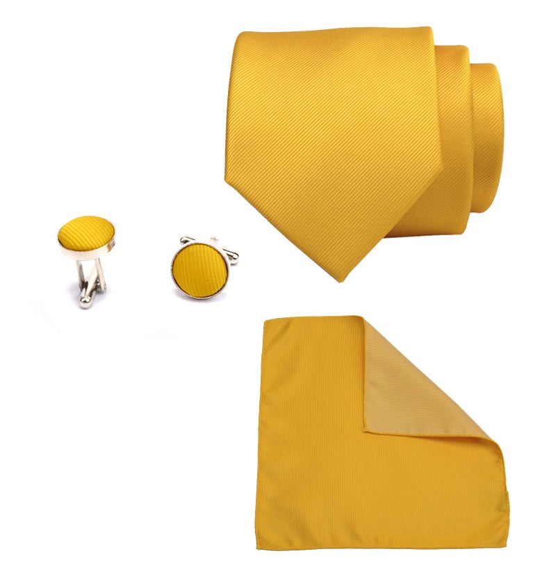 GUSLESON Brand Modern Fashion Solid Gold Ties For Men Necktie and Pocket Square Cufflinks Sets (0789-14) - Image 2
